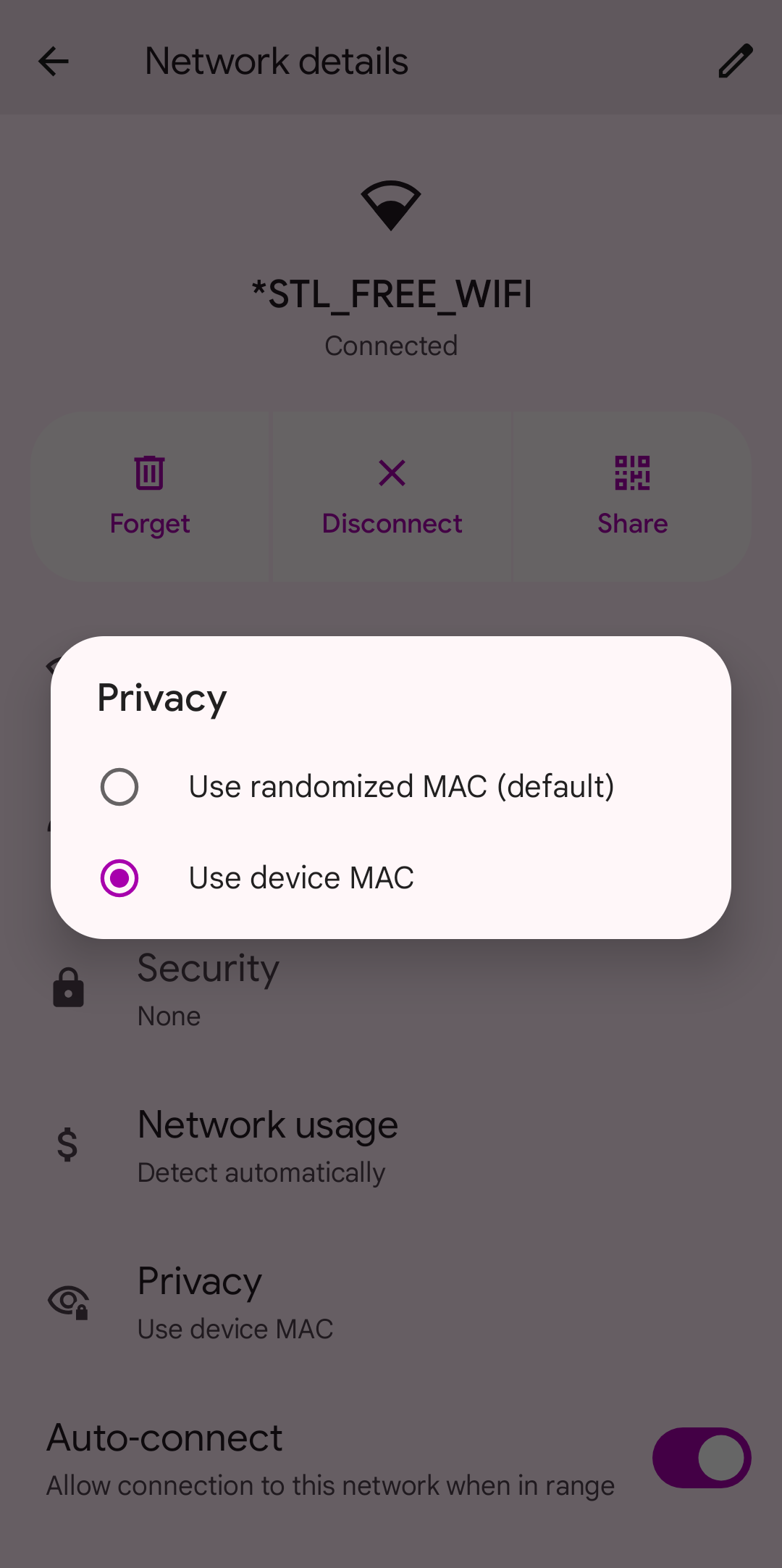 Android network details page, showing a modal for the "Privacy" options: "Use randomized MAC (default)" and "Use device MAC"